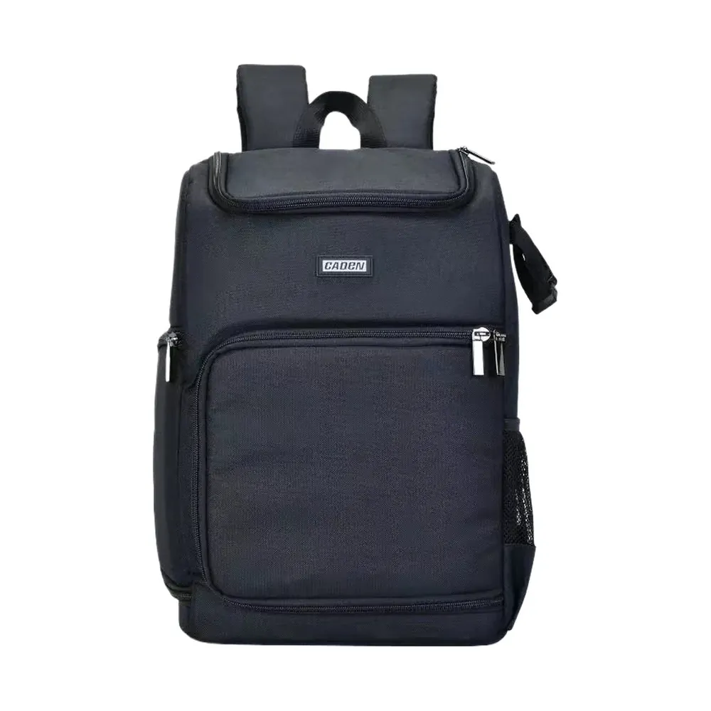 Black camera backpack with laptop compartment, front view