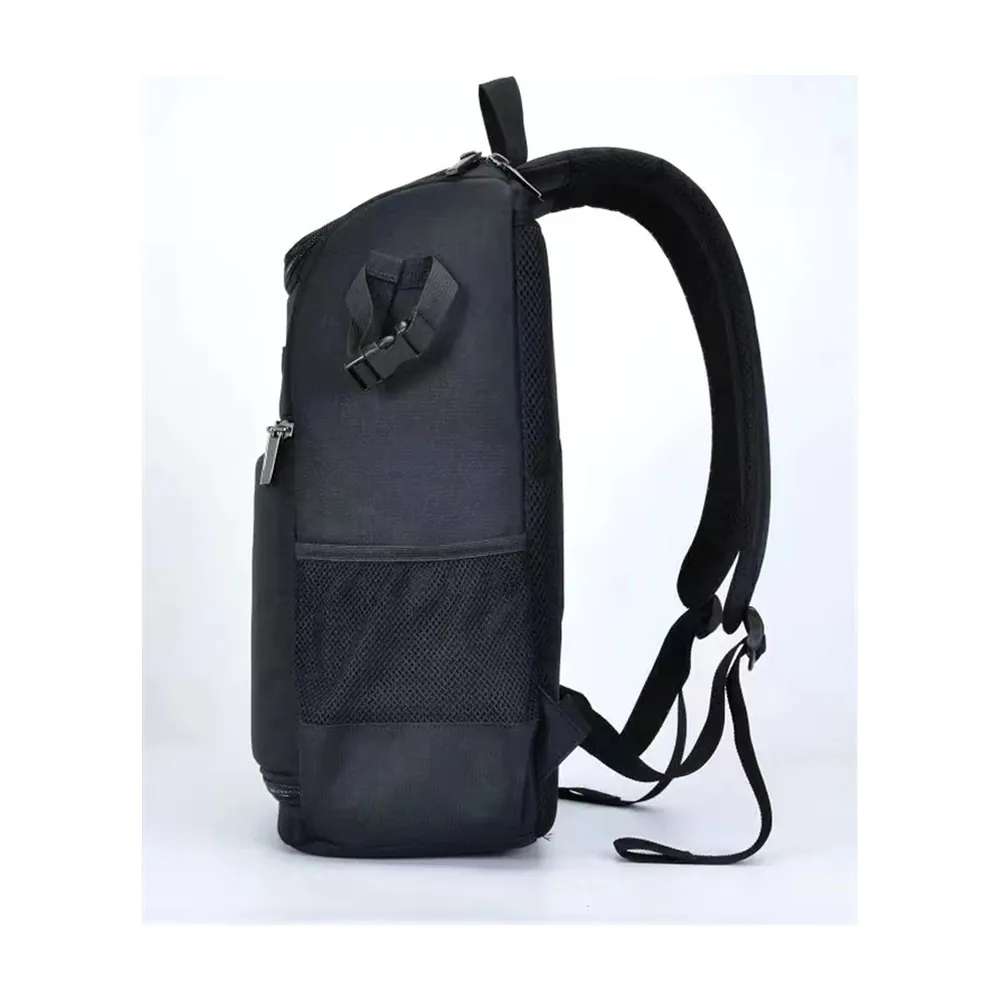 Camera backpack, side view with padded shoulder straps