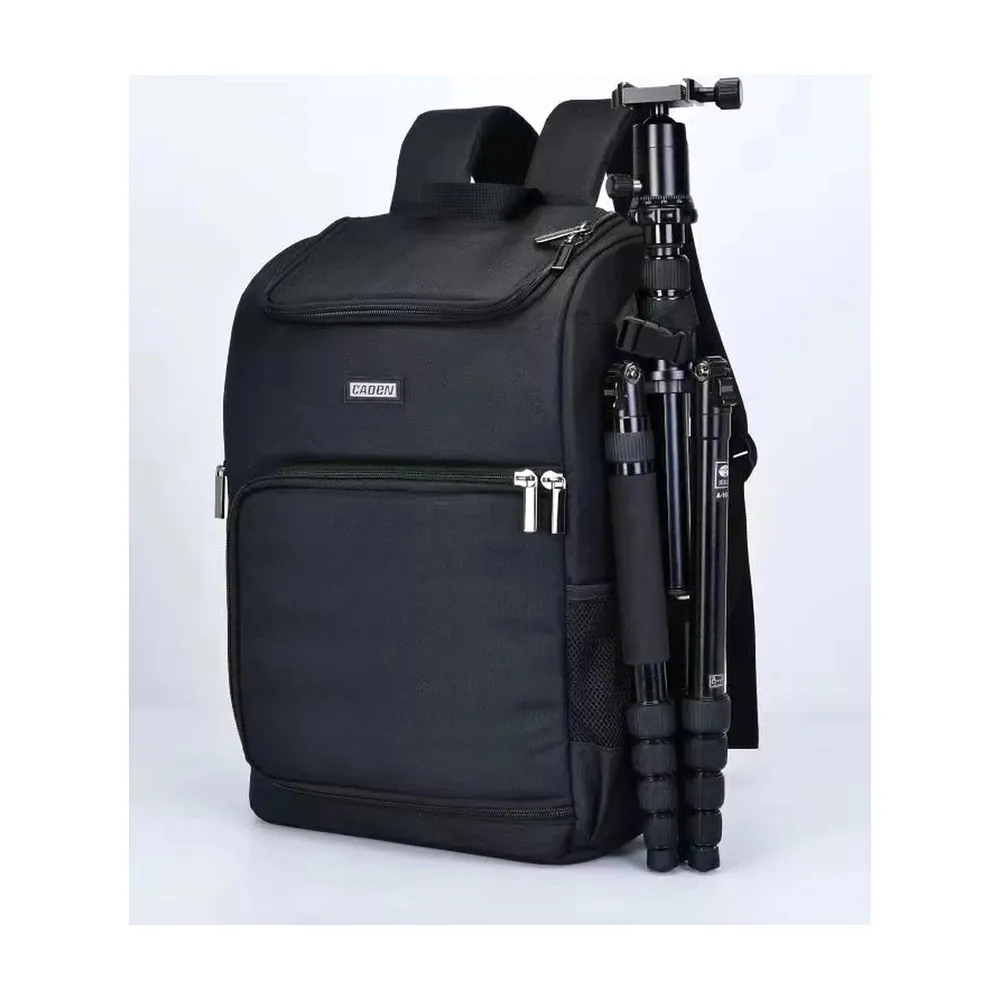 Camera backpack carrying a compact tripod on the side