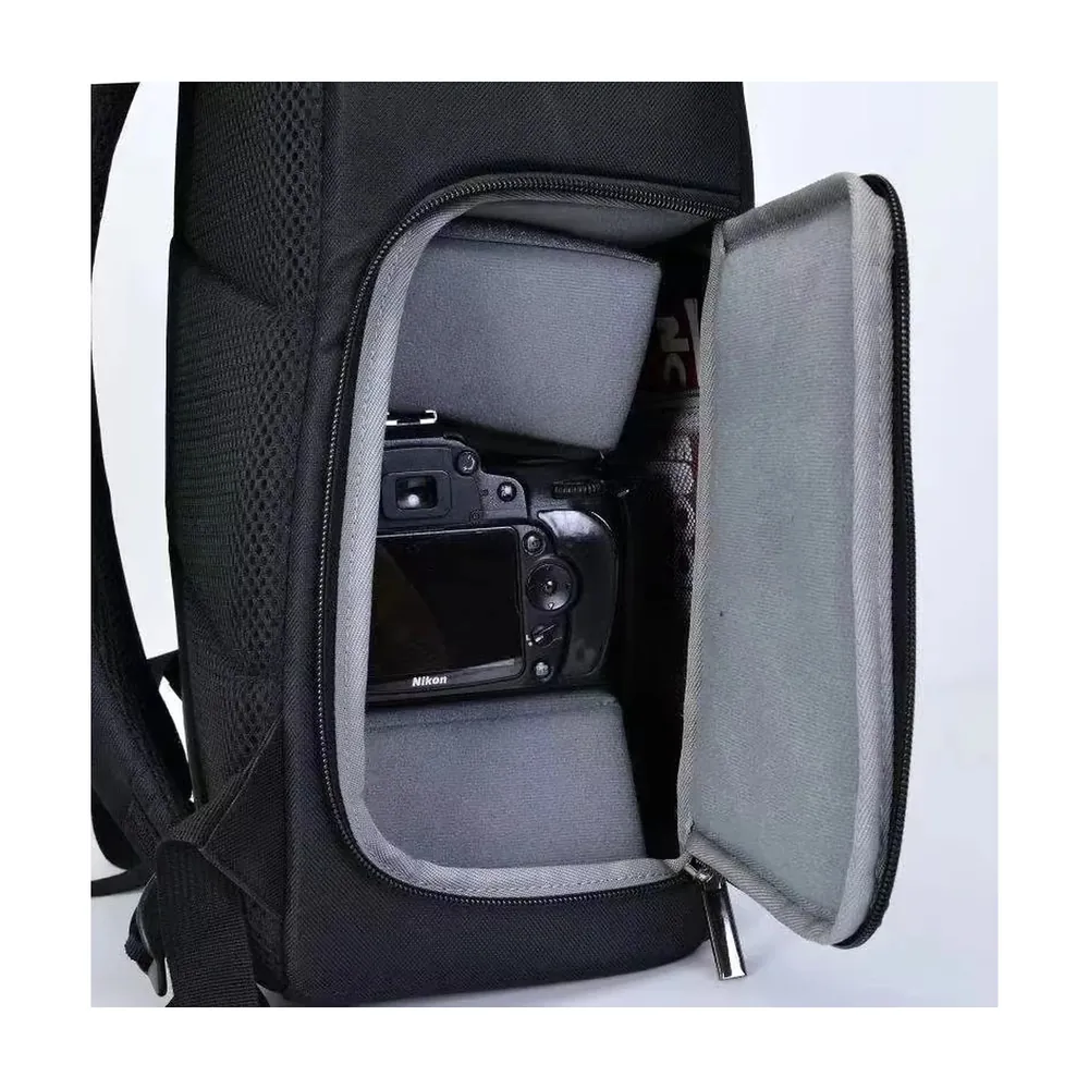Camera backpack with the side camera compartment open, camera inside