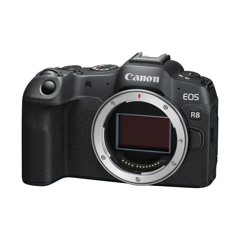 Canon EOS R8 body, front view showing the sensor