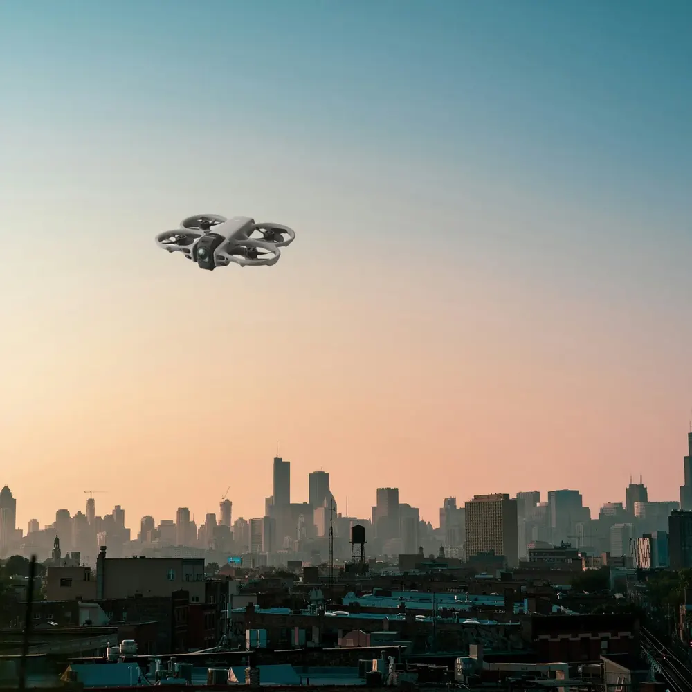 DJI Avata 360 against a city skyline (composite image)