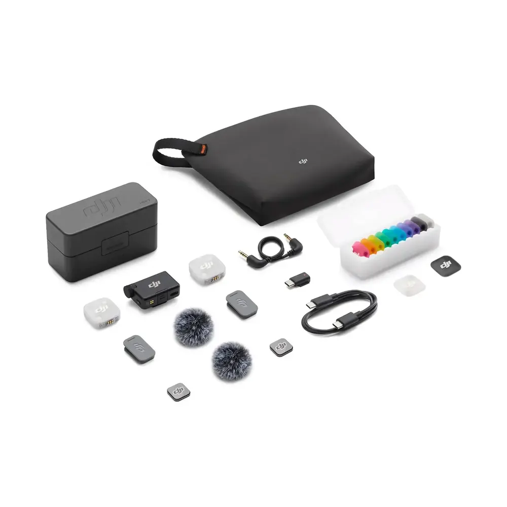 DJI Mic Mini 2 kit with transmitters, receiver and charging case on white