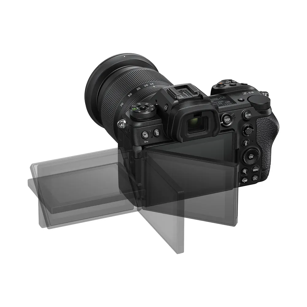 Nikon Z6III from above with tilted monitor, shown with a NIKKOR Z 24-70mm f/4 lens (lens not included)
