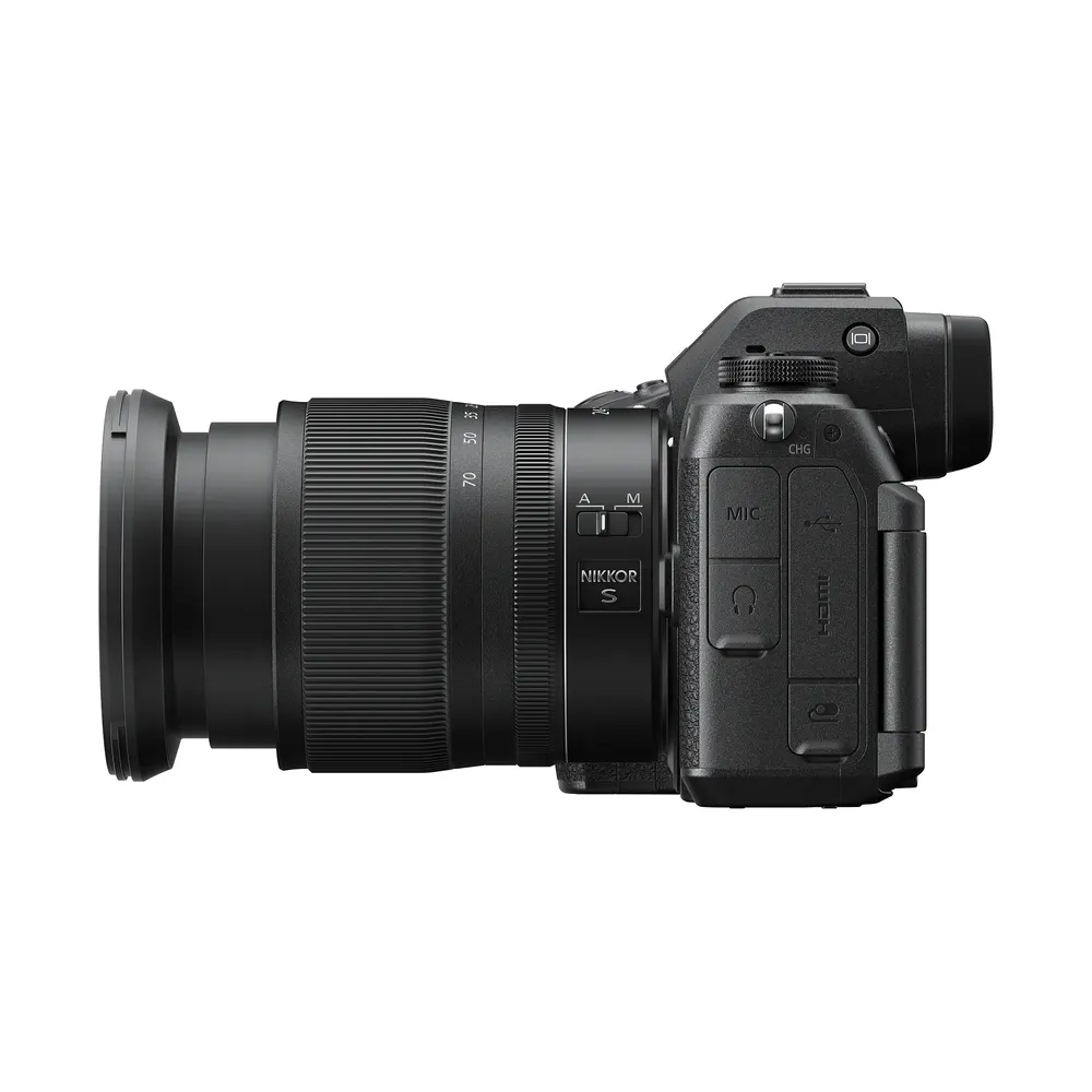 Nikon Z6III left side, shown with a NIKKOR Z 24-70mm f/4 lens (lens not included)