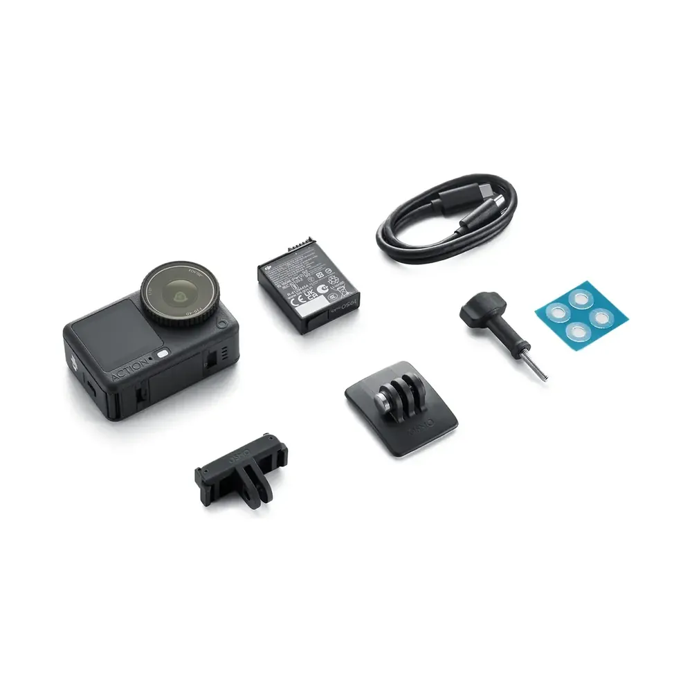 DJI Osmo Action 6 with its battery, cable and mounts, official DJI image