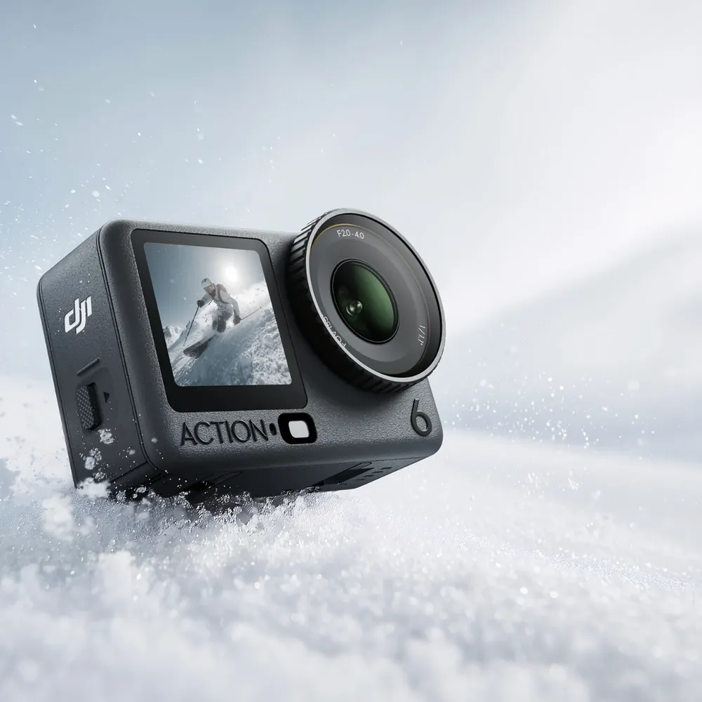 DJI Osmo Action 6 resting in snow