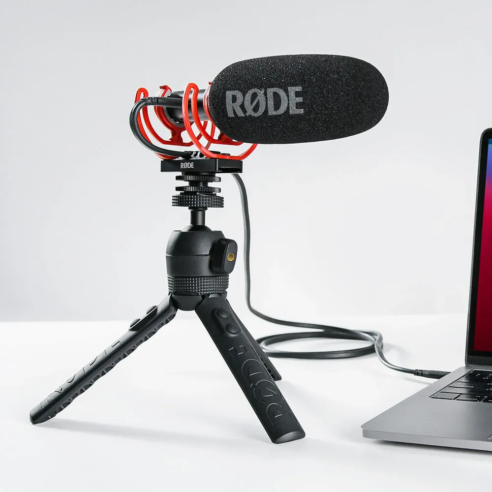 RODE VideoMic NTG, on a mini tripod, official RODE image