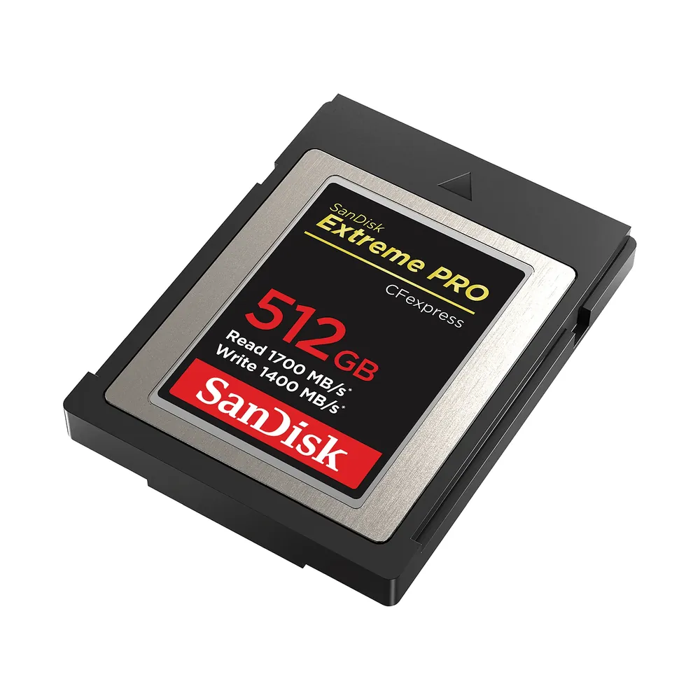 SanDisk Extreme PRO CFexpress Type B card, 512 GB card, angled from the other side