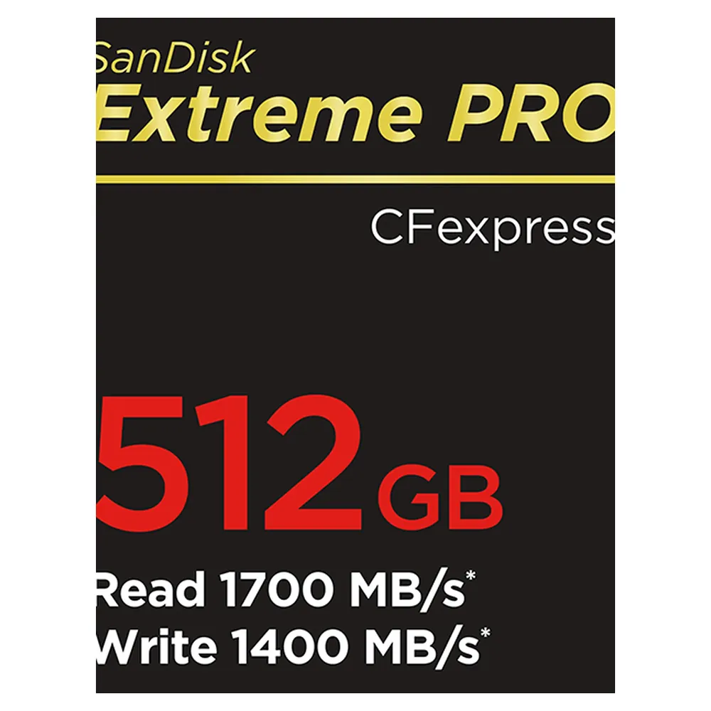 SanDisk Extreme PRO CFexpress Type B card, close up of the 512 GB label