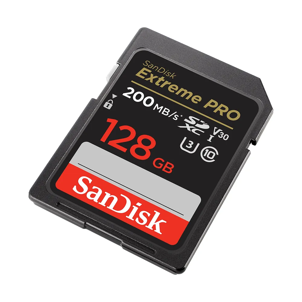 SanDisk Extreme PRO SD UHS-I card, 128 GB card, angled from the other side