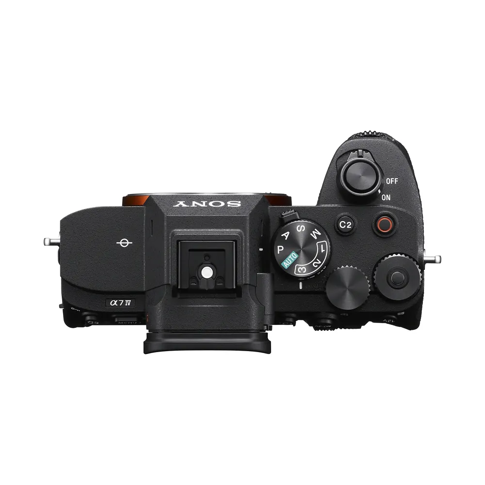 Sony Alpha 7 IV body, top view of the controls