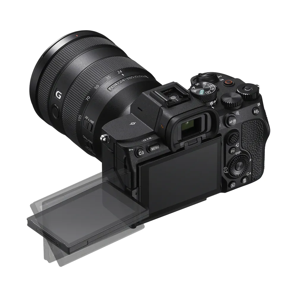 Sony Alpha 7 IV body, angled view with lens and open screen (lens not included)