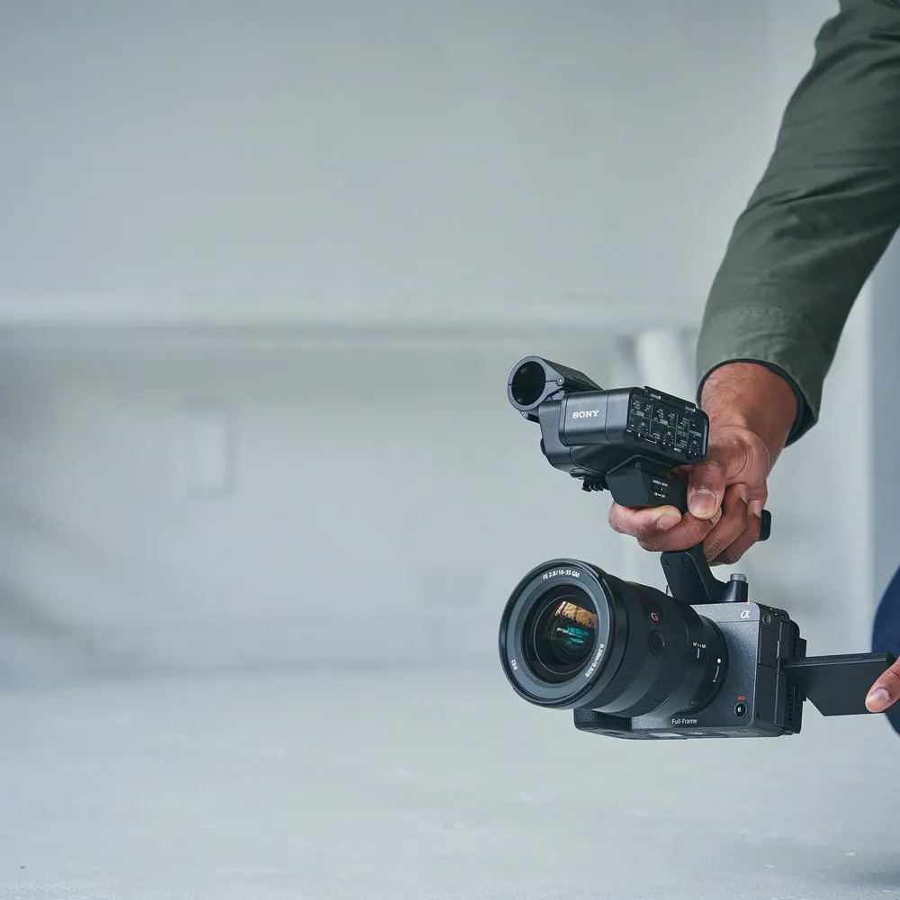 Sony FX3 in use on a shoulder rig, shown with a lens (lens not included), official Sony image